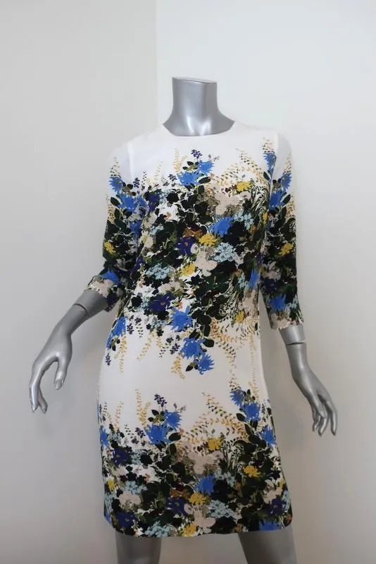 Erdem Emma Mini Shift Dress White/Multi Floral Print Silk Size 8 US 4