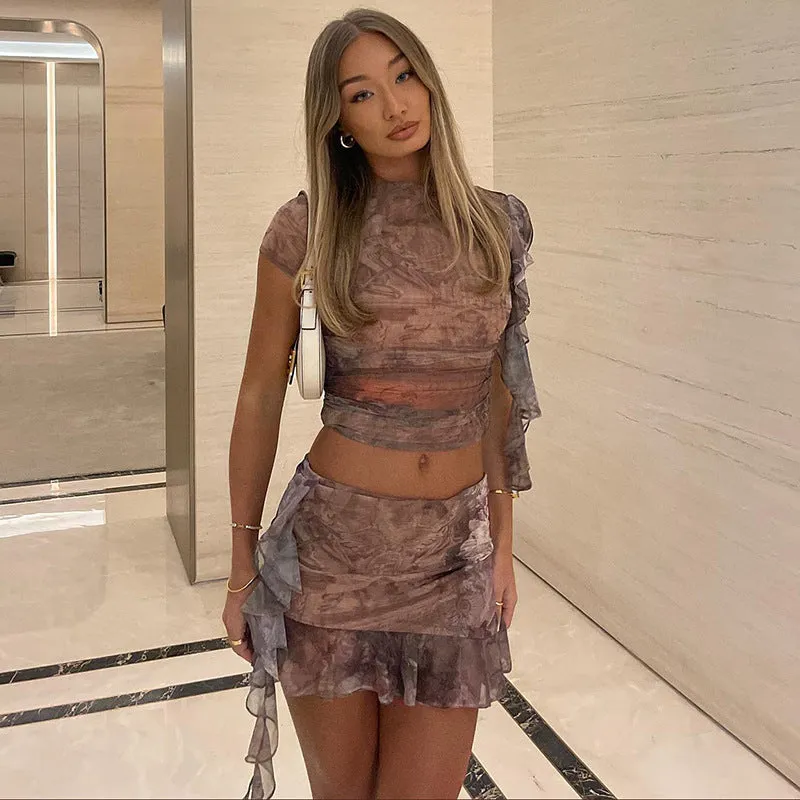 European and American Foreign Trade New Summer Women's Clothes Fashion Printing ShortTStitching Wooden Ear Short Ruffled Skirt Suit