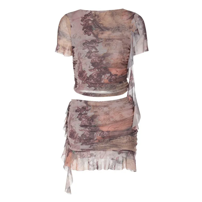 European and American Foreign Trade New Summer Women's Clothes Fashion Printing ShortTStitching Wooden Ear Short Ruffled Skirt Suit