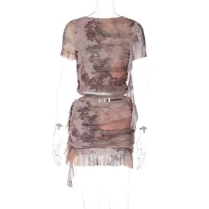 European and American Foreign Trade New Summer Women's Clothes Fashion Printing ShortTStitching Wooden Ear Short Ruffled Skirt Suit