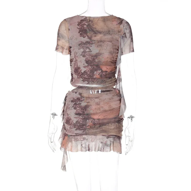 European and American Foreign Trade New Summer Women's Clothes Fashion Printing ShortTStitching Wooden Ear Short Ruffled Skirt Suit