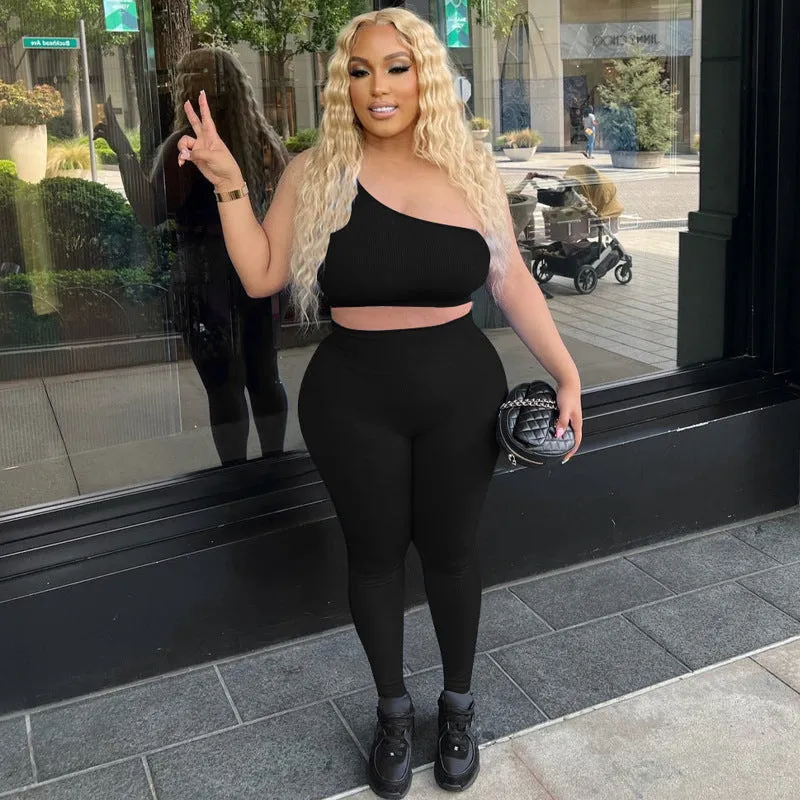 European And American-Style2023Summer New Women's Clothing Sunken Stripe Solid Color One Shoulder Vest Pants Two-Piece Set Slim Fit Hip Raise Sports Suit