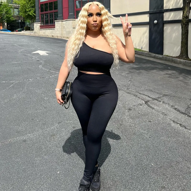 European And American-Style2023Summer New Women's Clothing Sunken Stripe Solid Color One Shoulder Vest Pants Two-Piece Set Slim Fit Hip Raise Sports Suit