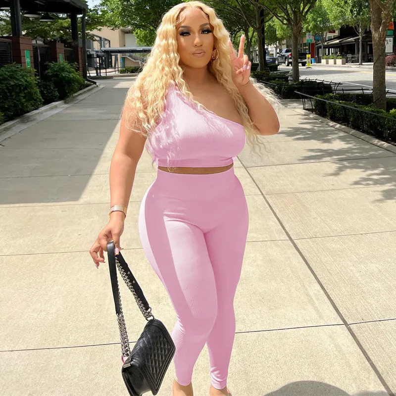 European And American-Style2023Summer New Women's Clothing Sunken Stripe Solid Color One Shoulder Vest Pants Two-Piece Set Slim Fit Hip Raise Sports Suit