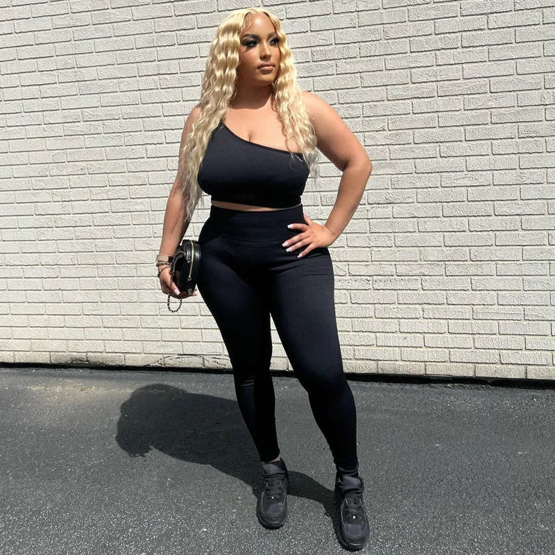 European And American-Style2023Summer New Women's Clothing Sunken Stripe Solid Color One Shoulder Vest Pants Two-Piece Set Slim Fit Hip Raise Sports Suit