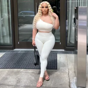 European And American-Style2023Summer New Women's Clothing Sunken Stripe Solid Color One Shoulder Vest Pants Two-Piece Set Slim Fit Hip Raise Sports Suit
