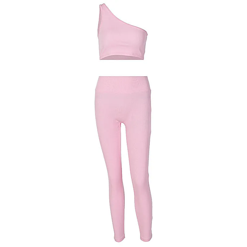 European And American-Style2023Summer New Women's Clothing Sunken Stripe Solid Color One Shoulder Vest Pants Two-Piece Set Slim Fit Hip Raise Sports Suit