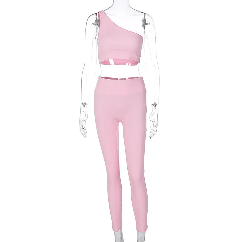 European And American-Style2023Summer New Women's Clothing Sunken Stripe Solid Color One Shoulder Vest Pants Two-Piece Set Slim Fit Hip Raise Sports Suit