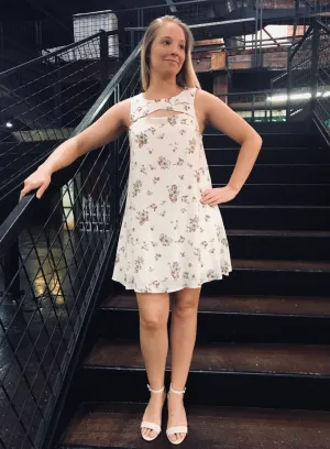 Floral Print Cut Out Shift Dress - Cream