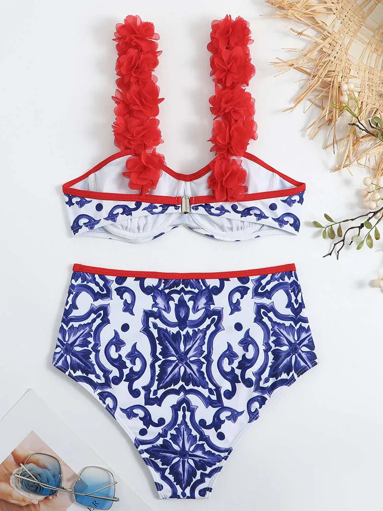 Floral Print Flower Strap Two Pieces With Bathing Suit Wrap Skirt