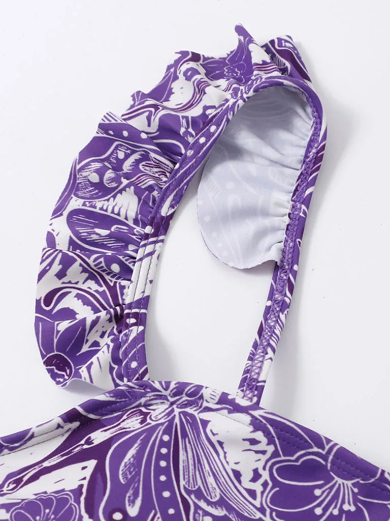 Floral Print Retro Style Strap One Piece With Bathing Suit Wrap Skirt
