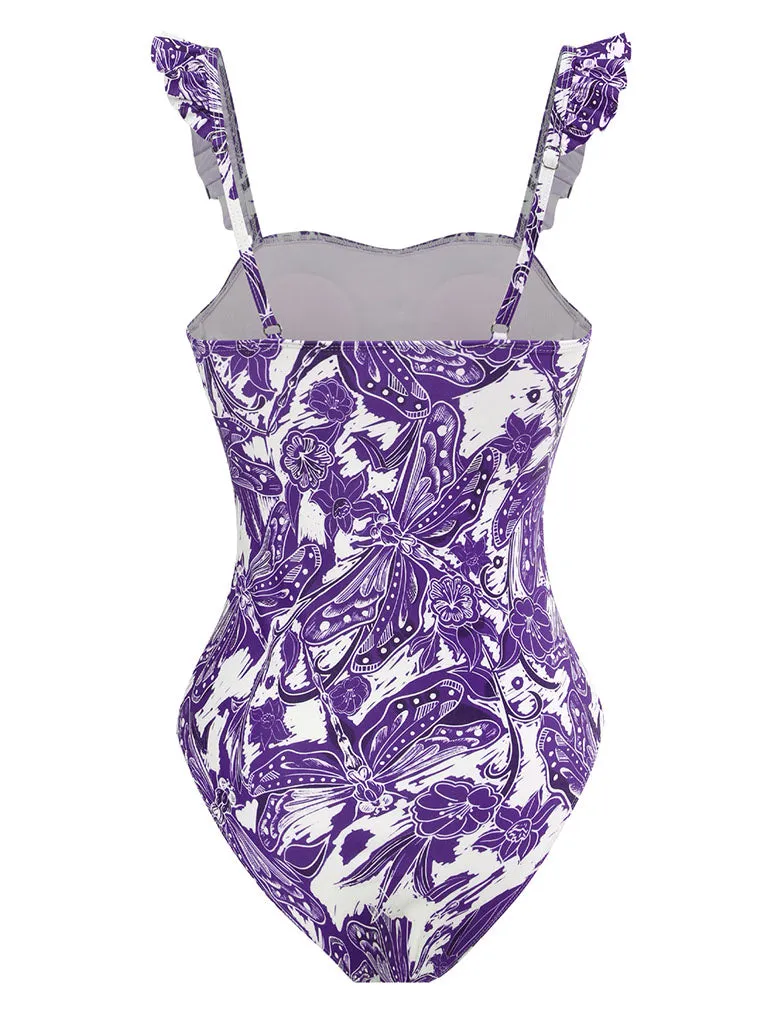 Floral Print Retro Style Strap One Piece With Bathing Suit Wrap Skirt