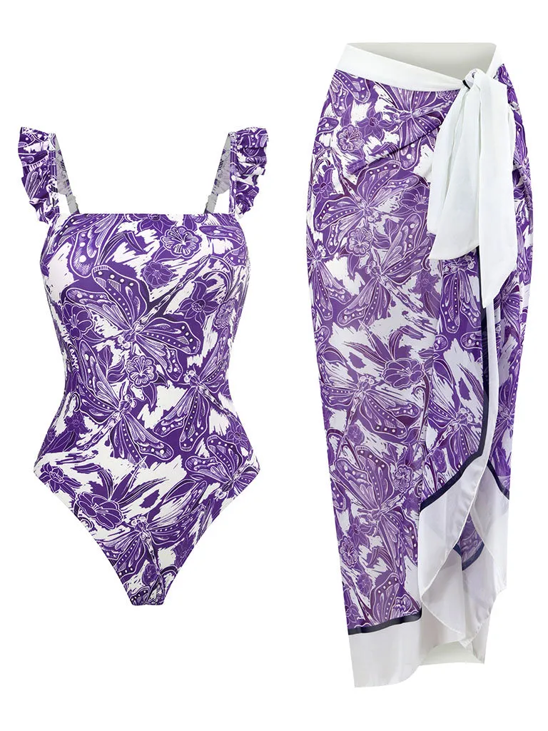 Floral Print Retro Style Strap One Piece With Bathing Suit Wrap Skirt