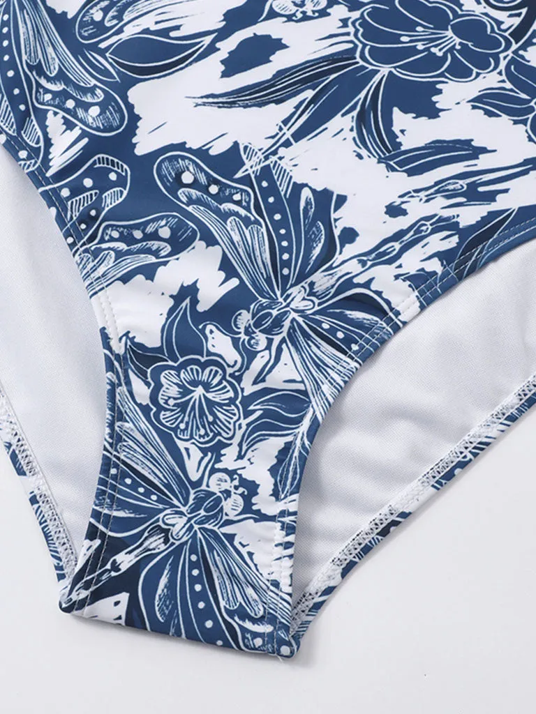Floral Print Retro Style Strap One Piece With Bathing Suit Wrap Skirt