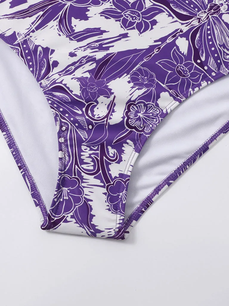 Floral Print Retro Style Strap One Piece With Bathing Suit Wrap Skirt