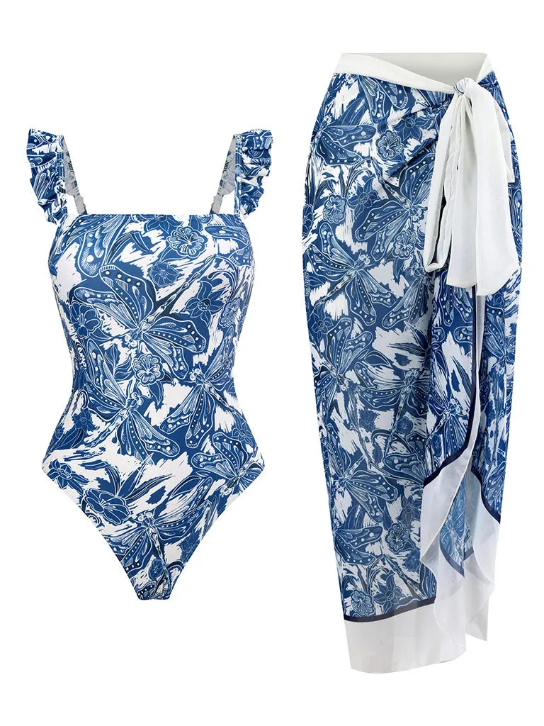 Floral Print Retro Style Strap One Piece With Bathing Suit Wrap Skirt