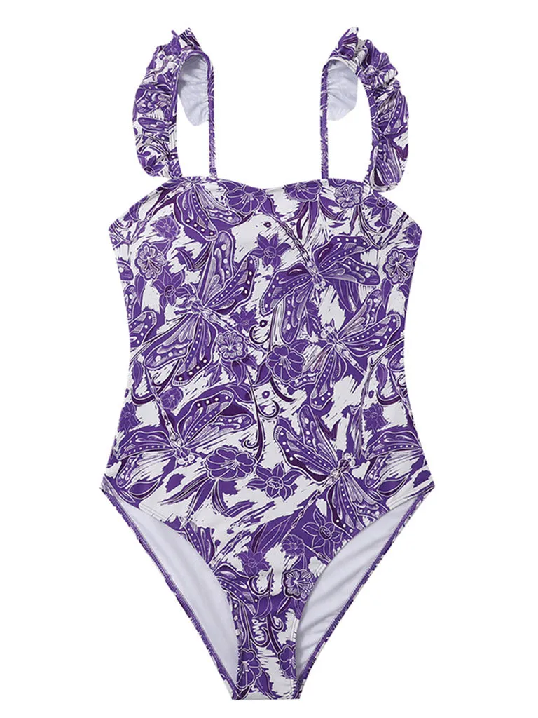 Floral Print Retro Style Strap One Piece With Bathing Suit Wrap Skirt