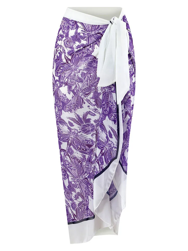 Floral Print Retro Style Strap One Piece With Bathing Suit Wrap Skirt