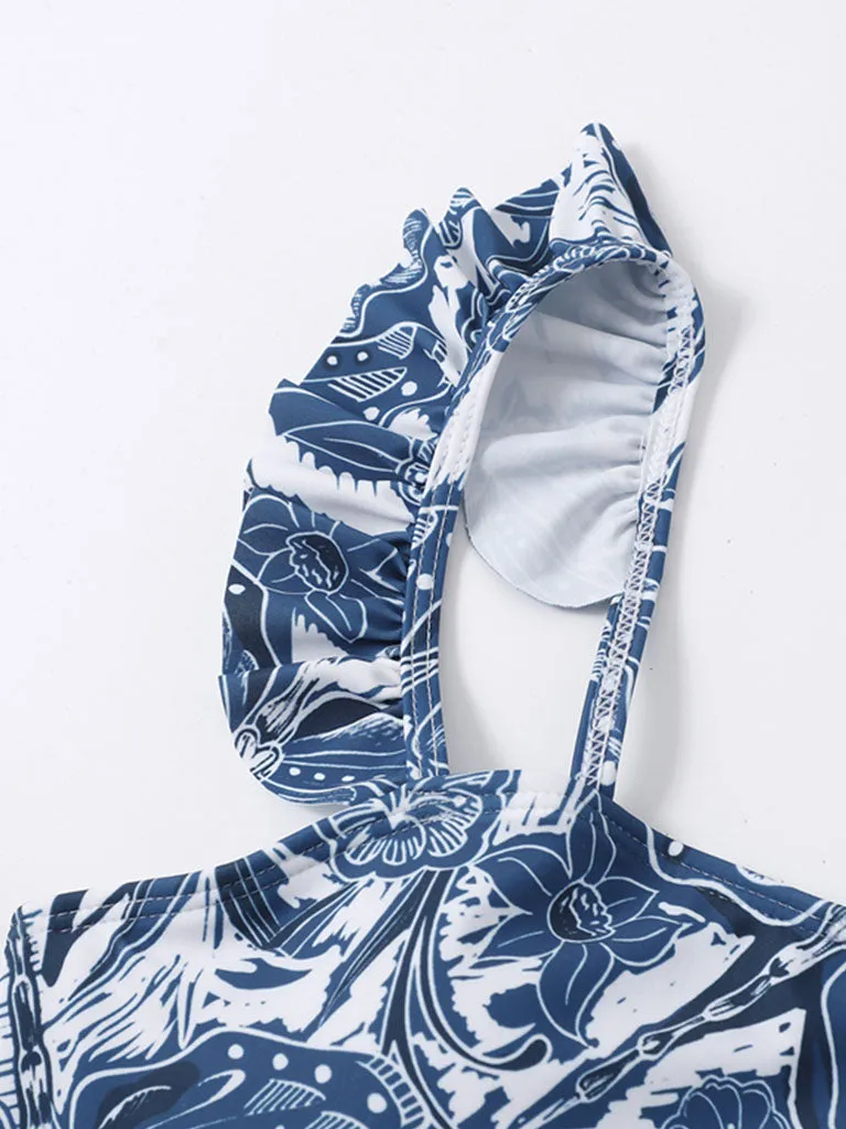 Floral Print Retro Style Strap One Piece With Bathing Suit Wrap Skirt