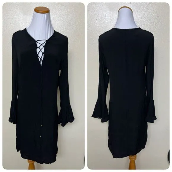Fraiche by J Boho Shift Lace Plunge V-Neck Dress Small Black Bell Sleeve Rayon