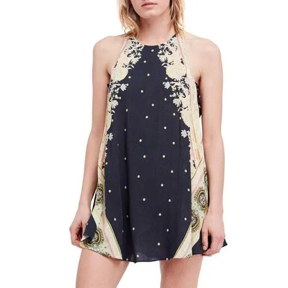 Free People Intimately Darjeeling Black Print Sleeveless Slip Dress SZ XS - EUC