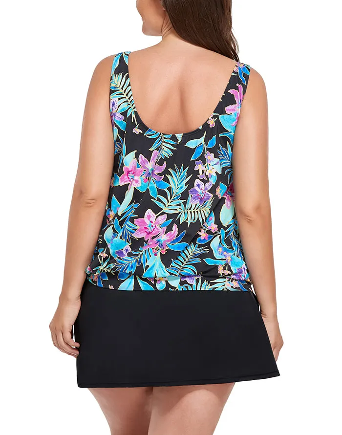FULLFITALL - Neon Tropical Side Tie Blouson Tankini With A-Line Swim Skirt