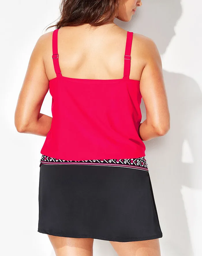 FULLFITALL - Red Loop Strap Blouson Tankini With A-Line Swim Skirt