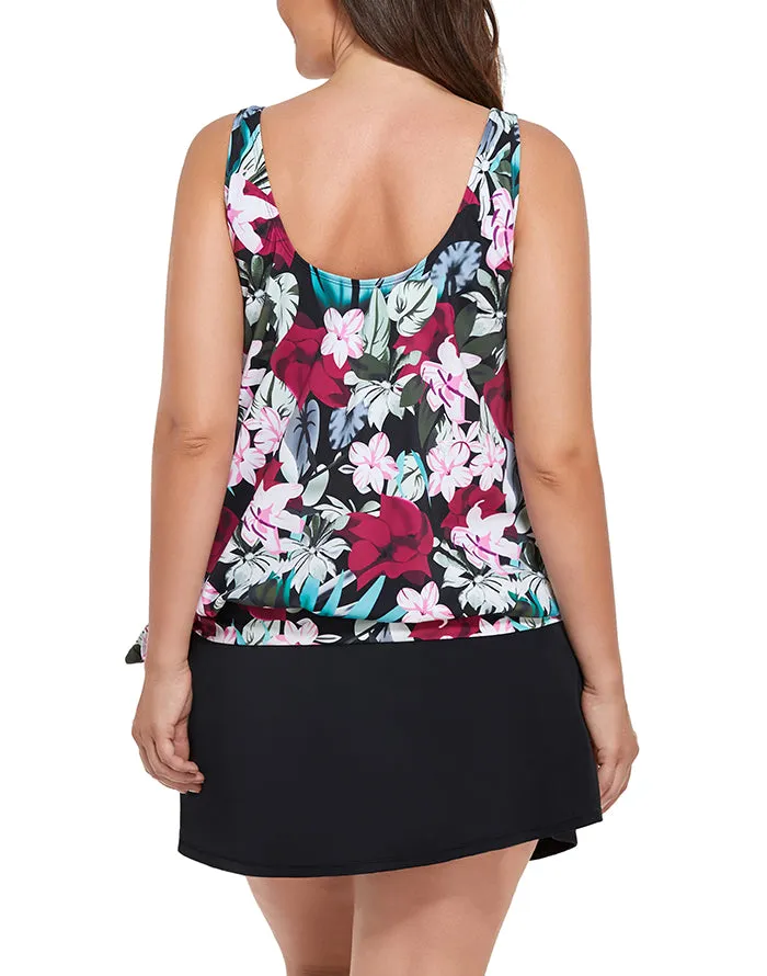 FULLFITALL - Wine Pink Flower Side Tie Blouson Tankini With A-Line Swim Skirt