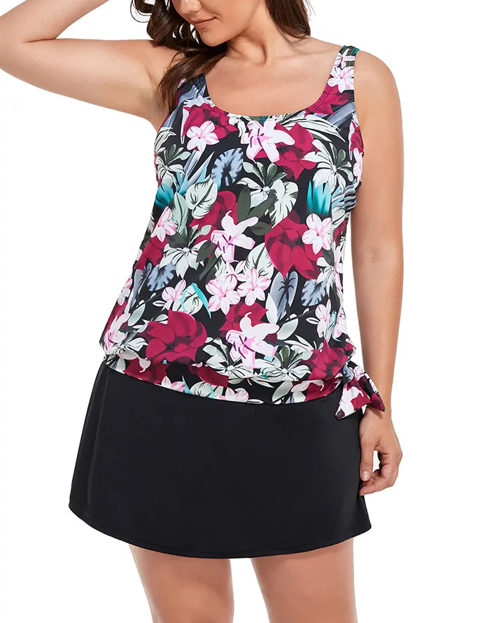 FULLFITALL - Wine Pink Flower Side Tie Blouson Tankini With A-Line Swim Skirt