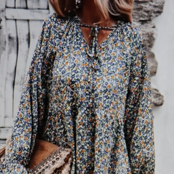 Gaovot Green Floral Puff Sleeve Shift Dress Size M
