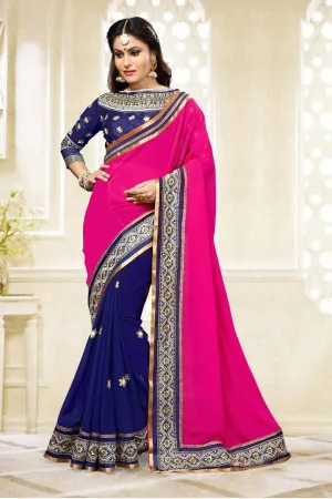 Georgette Embroiderd Pink-Blue Color Party Wear Saree