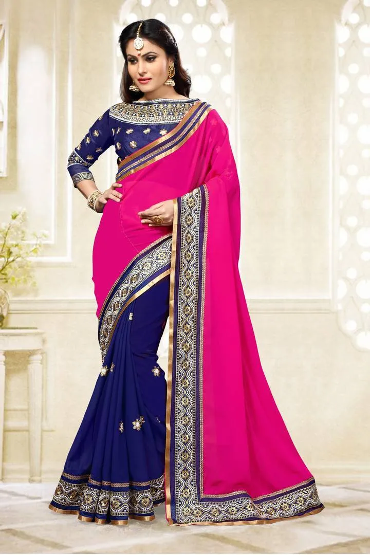 Georgette Embroiderd Pink-Blue Color Party Wear Saree