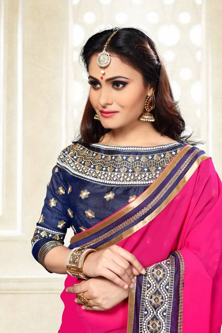 Georgette Embroiderd Pink-Blue Color Party Wear Saree
