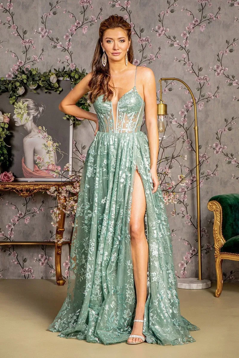 GL 3254 - Glitter Print A-Line Prom Gown with Sheer Boned Corset Bodice Leg Slit & Open Lace Up Corset Back