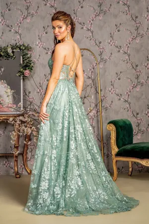 GL 3254 - Glitter Print A-Line Prom Gown with Sheer Boned Corset Bodice Leg Slit & Open Lace Up Corset Back