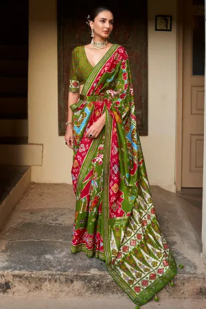 Green & Red Colore Soft Designer Patola Saree