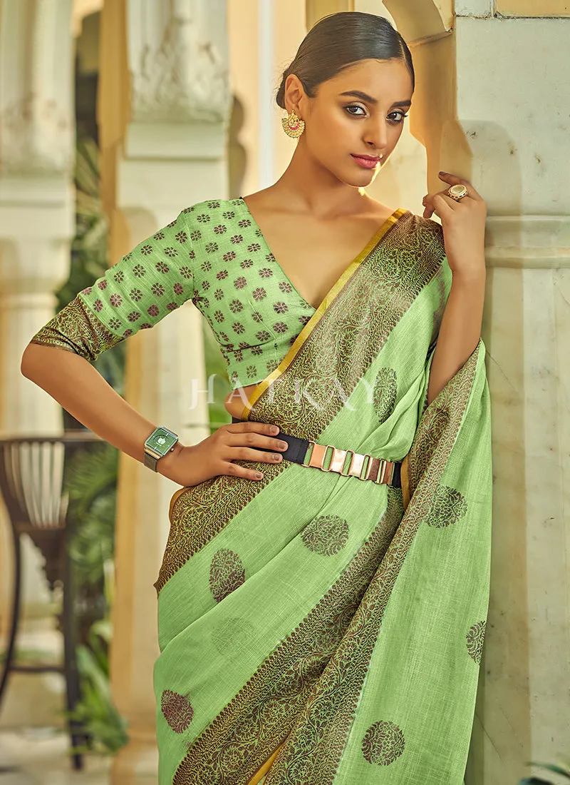 Green Copper Zari Embellished Tissue Silk Saree