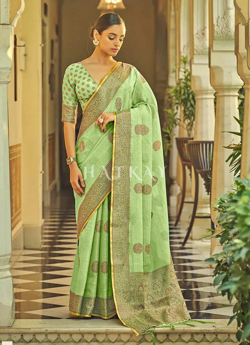 Green Copper Zari Embellished Tissue Silk Saree