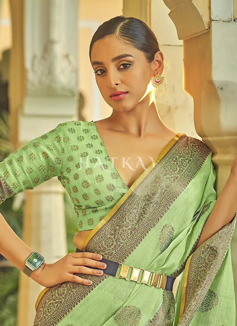Green Copper Zari Embellished Tissue Silk Saree