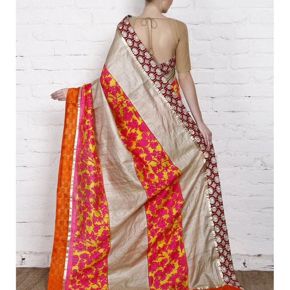 Grey & Orange Muga Silk Saree with Banarasi Silk Border