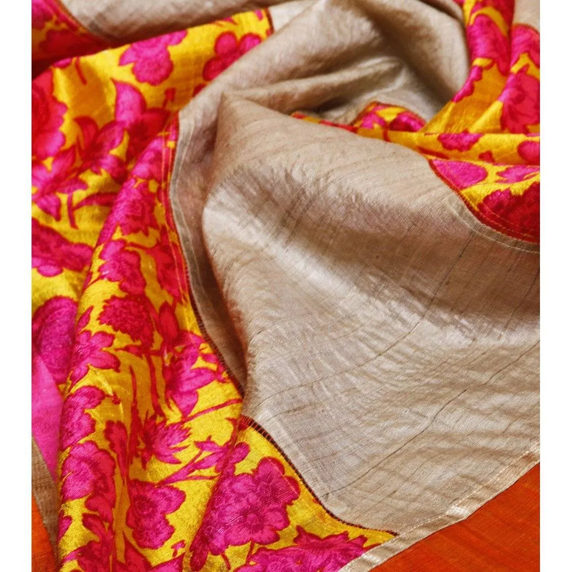 Grey & Orange Muga Silk Saree with Banarasi Silk Border
