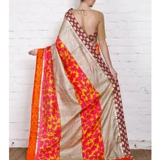 Grey & Orange Muga Silk Saree with Banarasi Silk Border