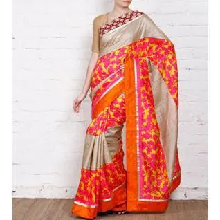 Grey & Orange Muga Silk Saree with Banarasi Silk Border
