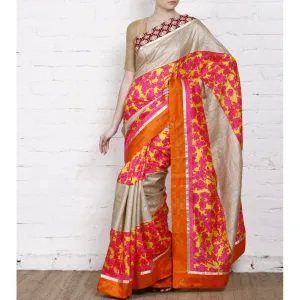 Grey & Orange Muga Silk Saree with Banarasi Silk Border
