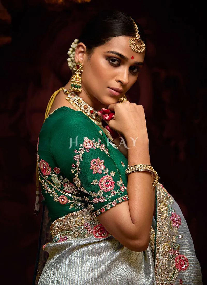 Grey Green Multi Embroidery Kanjivaram Silk Saree