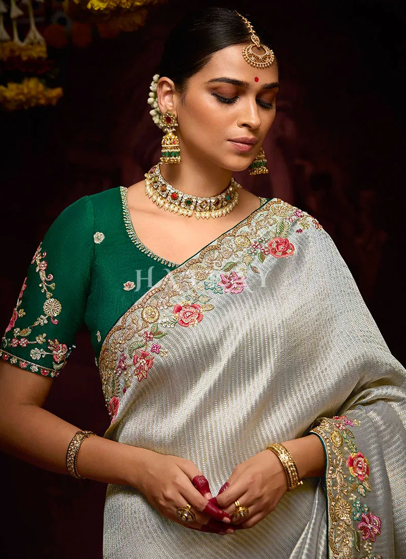 Grey Green Multi Embroidery Kanjivaram Silk Saree