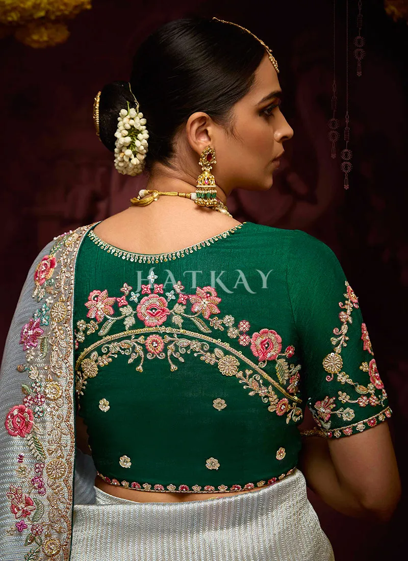 Grey Green Multi Embroidery Kanjivaram Silk Saree