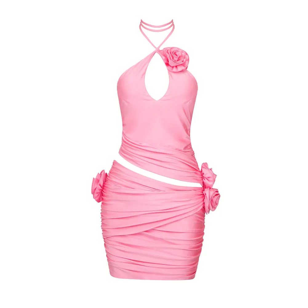 Halter Sleeveless Ornamental Flower Mini Dress BD2437