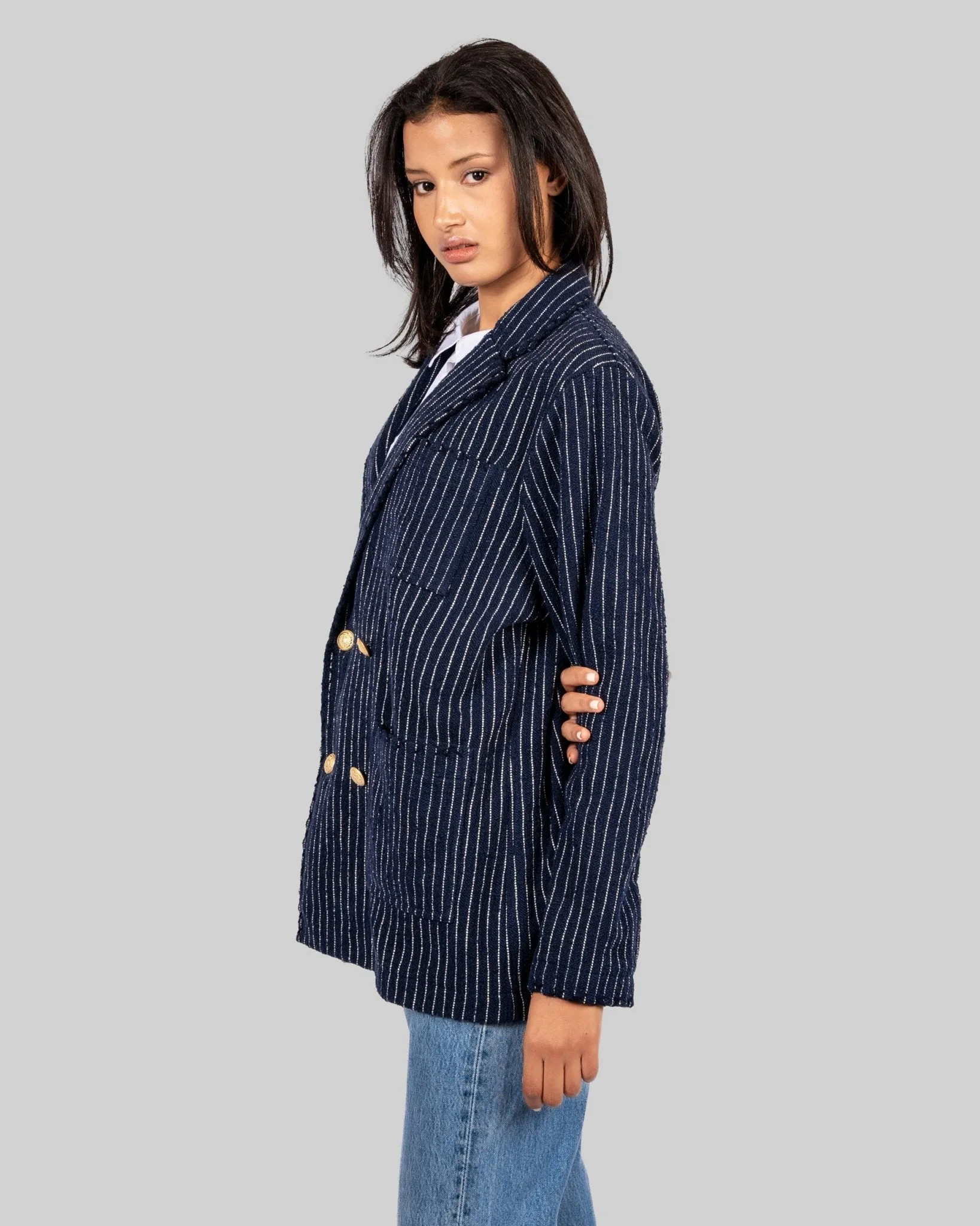 Handwoven Pinstripe Double-Breasted Jacket with Metallic Buttons