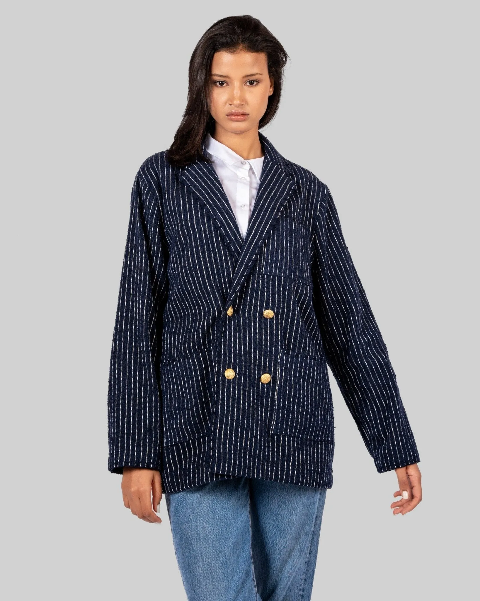 Handwoven Pinstripe Double-Breasted Jacket with Metallic Buttons